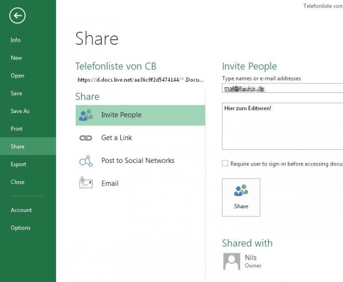 Sharing Funktion Microsoft Office 2013