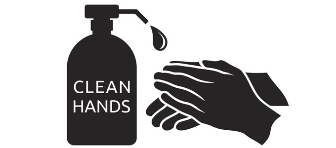 Schwarz-Weiß Illustration eines Seifenspender mit einem Tropfen Seife, der auf zwei Hände fällt.