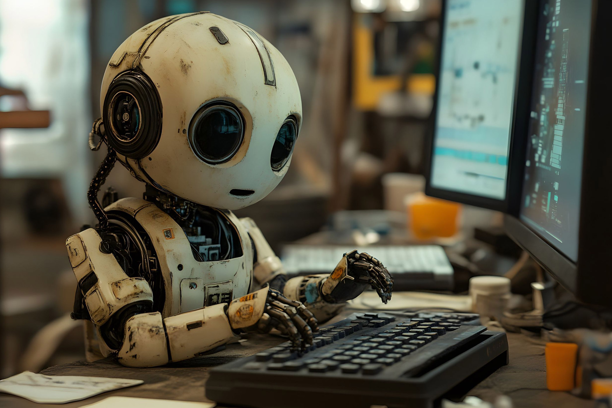 Ein kleiner, humanoider Roboter sitzt an einem Schreibtisch vor zwei Monitoren und tippt auf einer Tastatur. Der Roboter hat eine abgenutzte, vintage-ähnliche Erscheinung mit großen schwarzen Augen und einem metallischen Körper, der teilweise freigelegte mechanische Komponenten zeigt. Auf dem Tisch liegen Papiere und andere Bürogegenstände. Der Hintergrund ist unscharf, aber es scheint ein Arbeitsbereich zu sein.