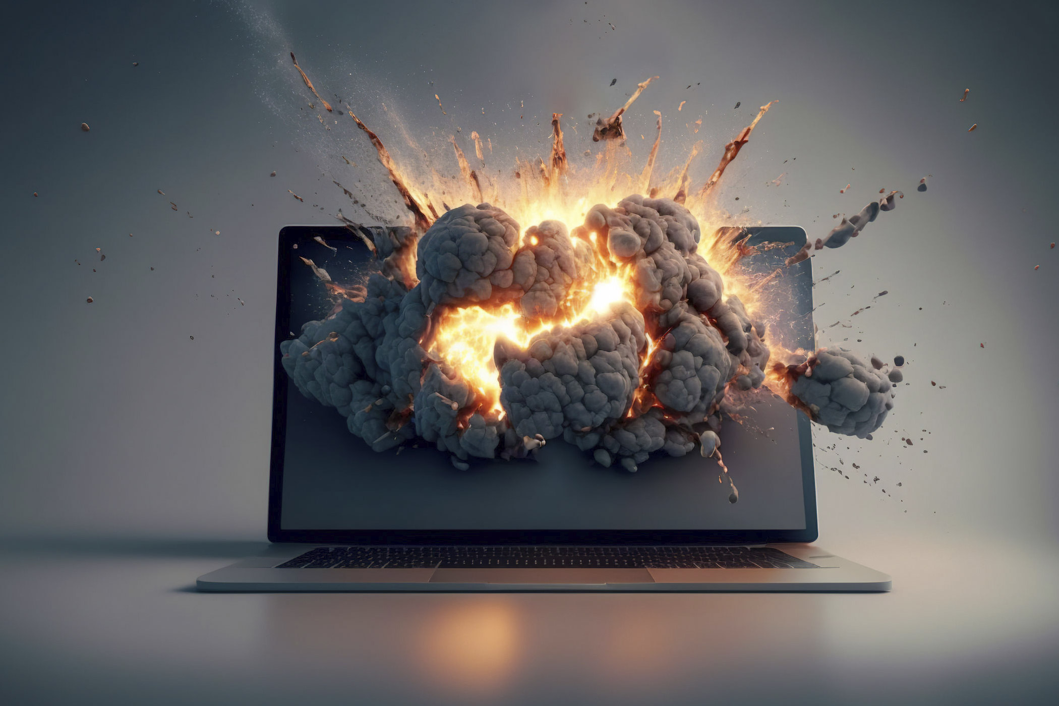 AI Slop: Ruiniert KI das Internet? / auf dem Foto: Man sieht ein Netbook, das quasi von innen explodiert - mit Feuer und Rauchwolke.