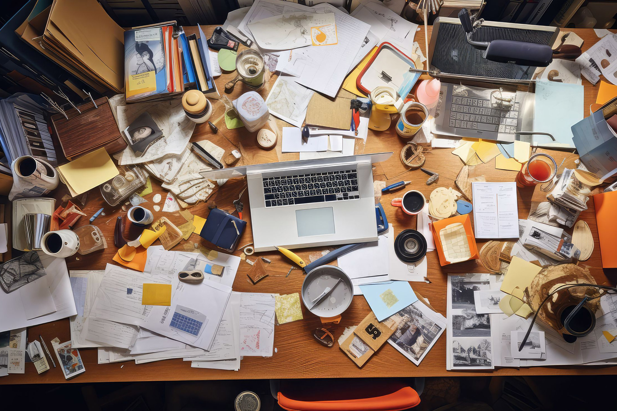 Was sagt der Schreibtisch über den (Büro)Charakter aus? / auf dem Foto: Man sieht einen sehr unordentlichen Schreibtisch aus der Vogelperspektive. Neben Ordnern und Dokumenten findet man auch viele Gegenstände, die nichts mit der Arbeit zu tun haben, z.B. private Fotos.