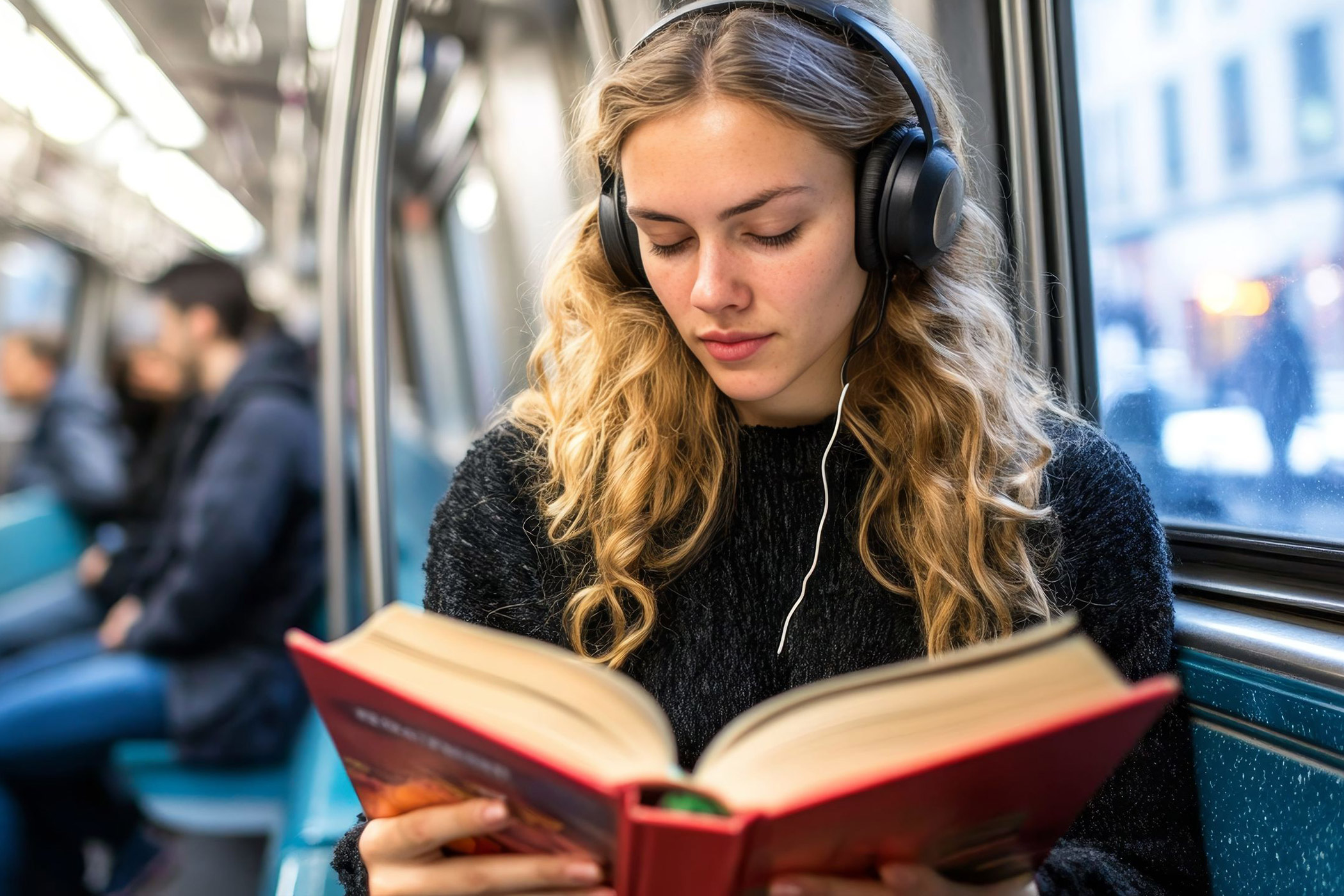 Wie Pendelwege zur sinnvollen Pause werden können. Auf dem Foto: Eine junge Angestellte in der Bahn, die den Weg zur Arbeit sinnvoll nutzt.